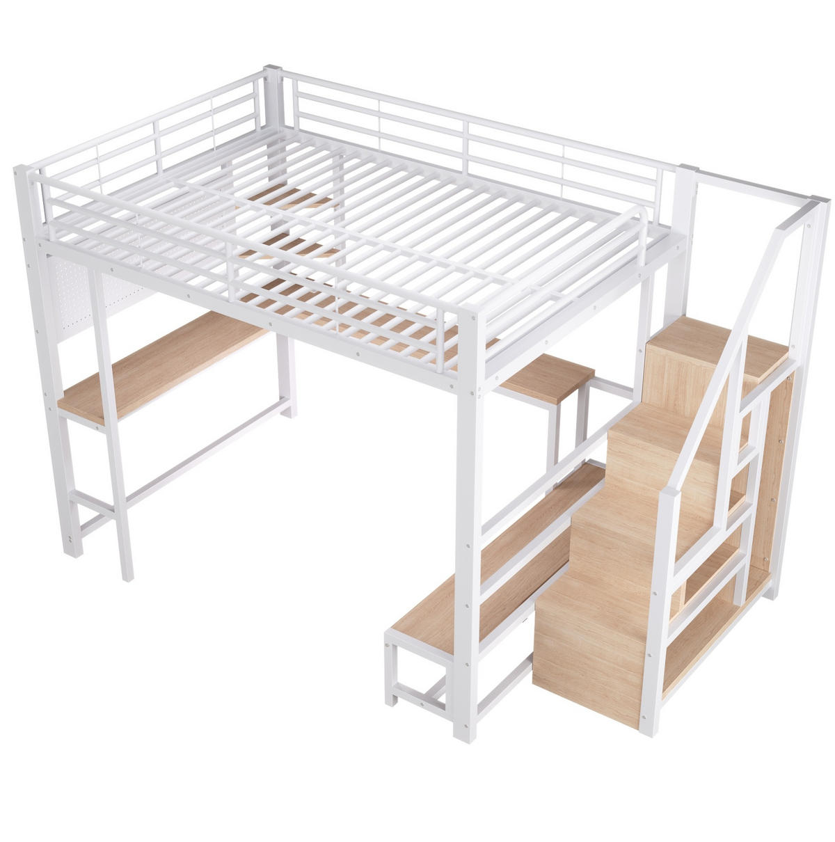 HOCHBETT 140x200 cm in Weiß mit Schreibtisch, Stauraumtreppe, LED und USB-Anschlüssen - Weiß, Holzwerkstoff (140/200cm) - IVMEU