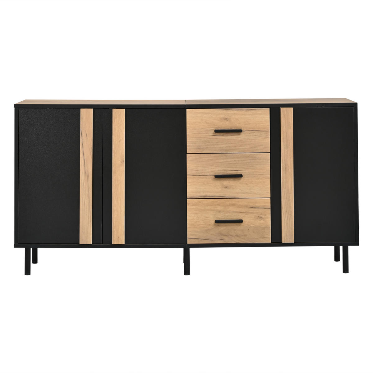 SIDEBOARD 140/35/70 cm mit 3 Türen, 3 Schubladen und Metallbeinen in Schwarz-Naturholzoptik - Schwarz/Naturfarben, Holzwerkstoff (140/70/35cm) - CHICFURN