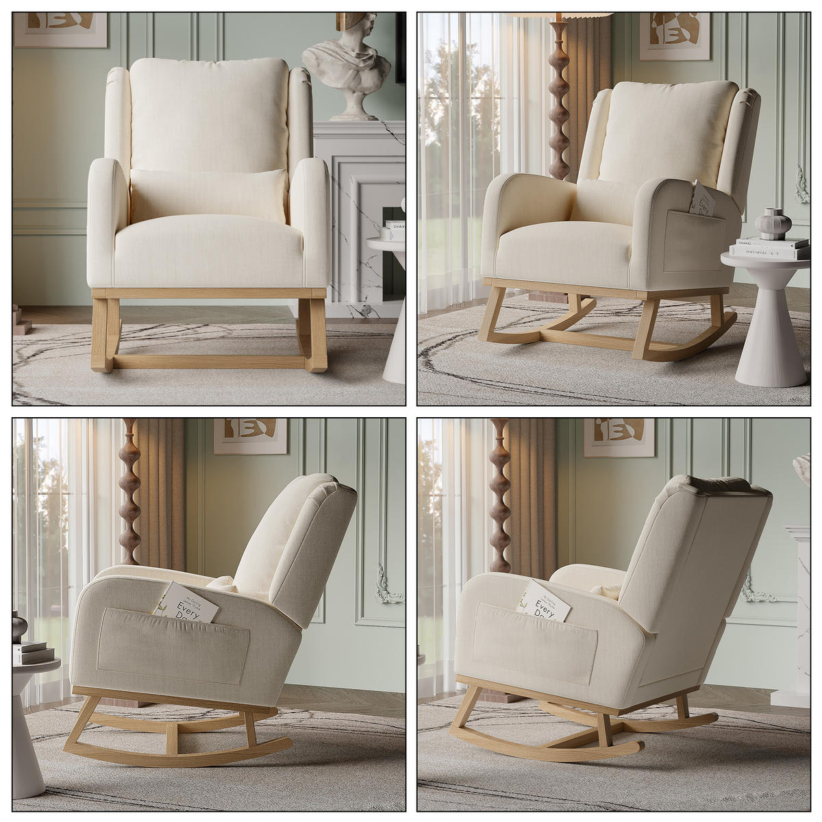 SCHAUKELSTUHL beige leinen-baumwolle seitentaschen gepolstert - Beige, Holzwerkstoff (68/96/93cm) - SHOPENTRA