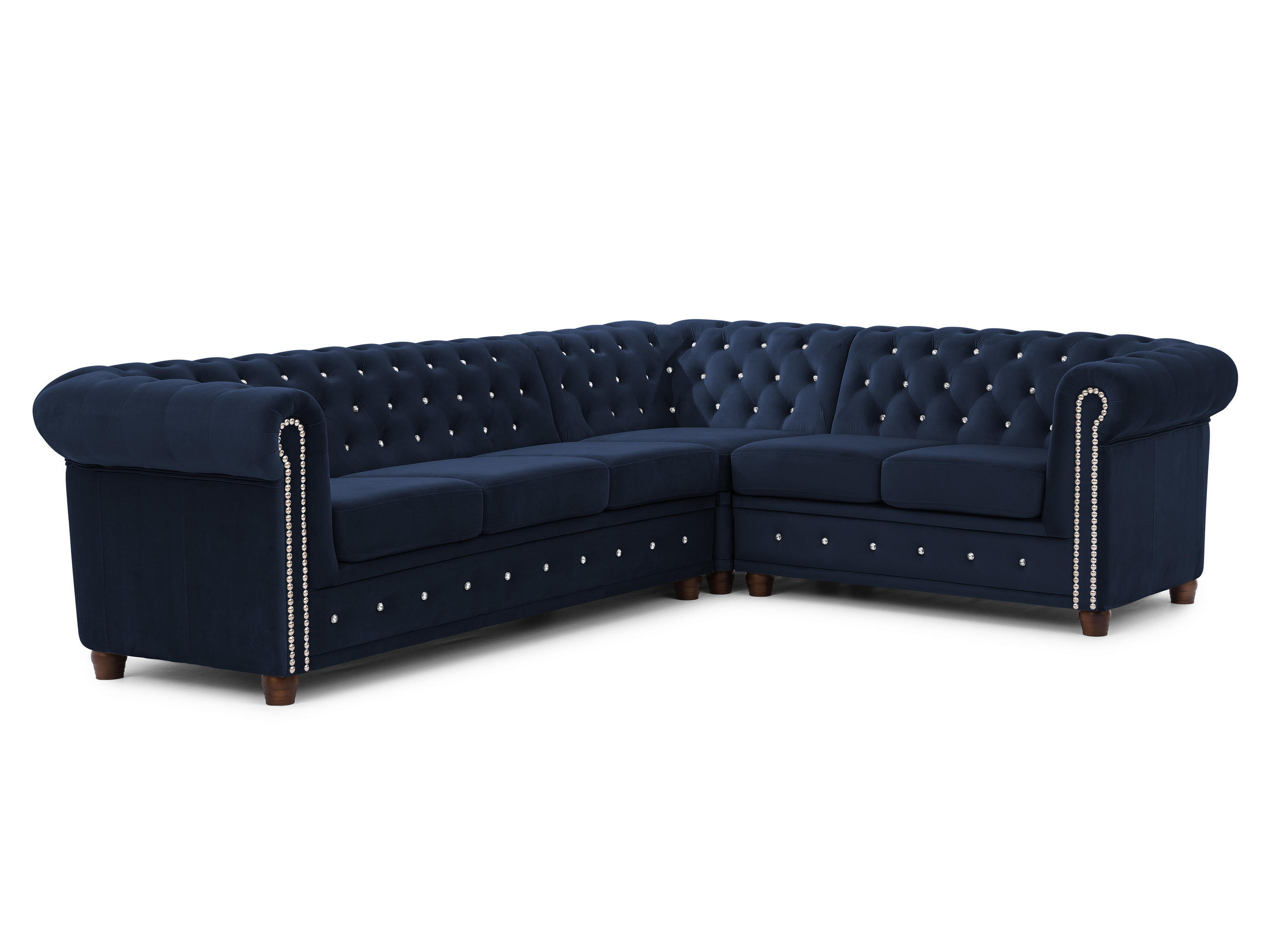 ECKSOFA Chesterfield Cleo Blink Marineblau Samt mit Kristallsteppung und braunen Massivholzfüßen - Ottomane Rechts - Blau/Braun, Holz/Textil (264/210cm) - S-Style Möbel