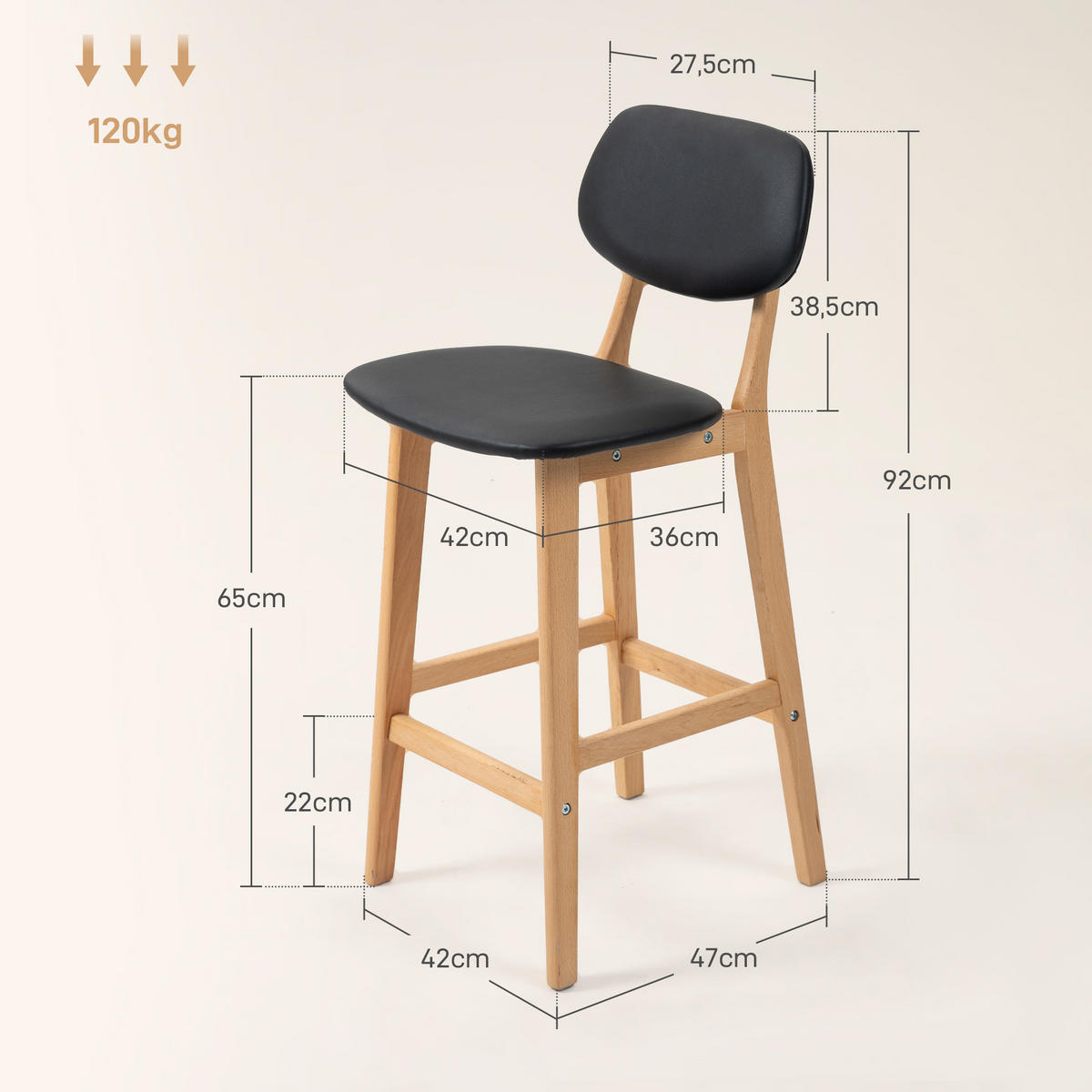 BARHOCKER 2er-Set DE-14741 mit Rückenlehne & Holzbeinen Schwarz - Schwarz, Holzwerkstoff (47/92/42cm) - ComfortXL