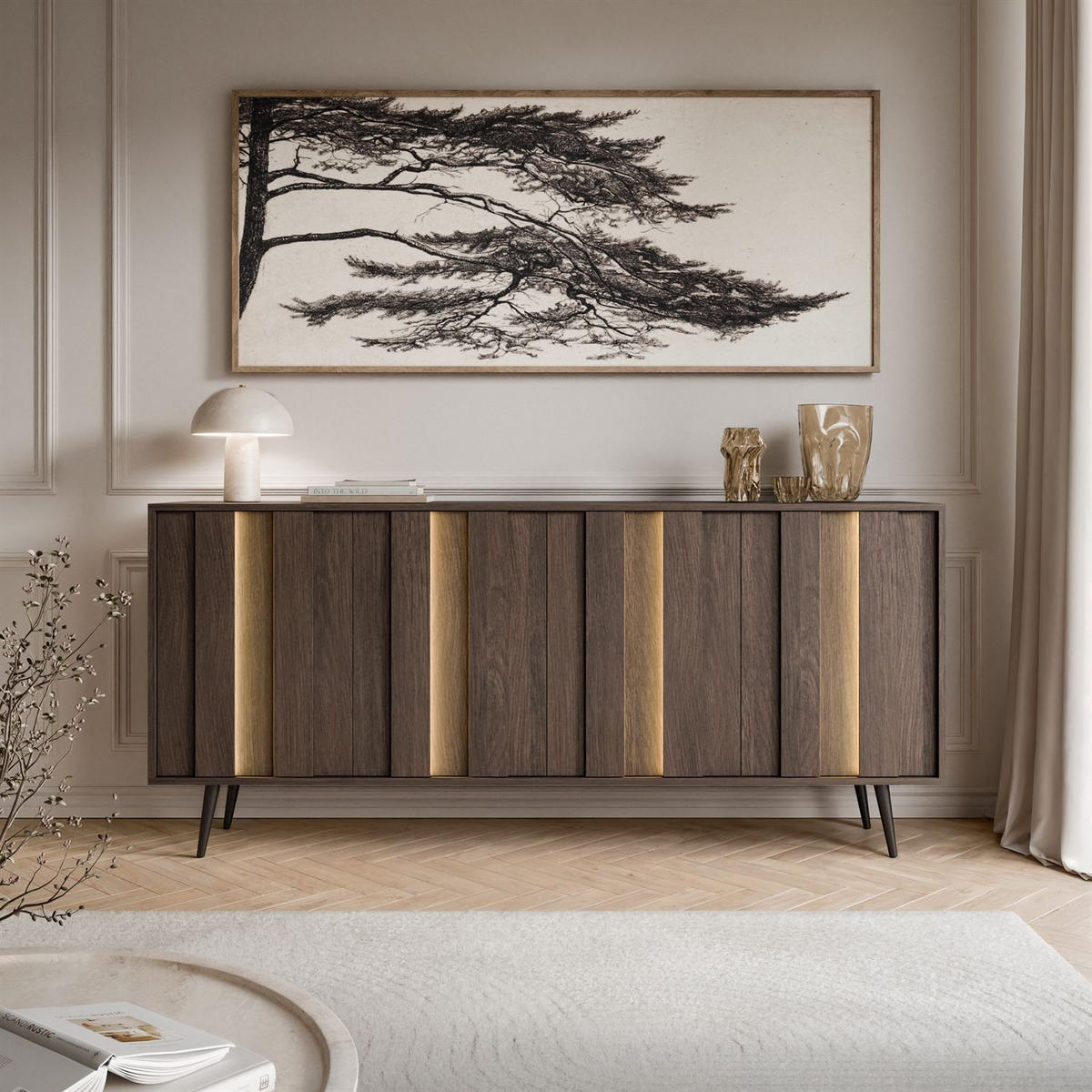 KOMMODE ALMA 4D mit LED-Beleuchtung - Eichefarben/Schwarz, Holzwerkstoff (183/83/40cm) - Lookway