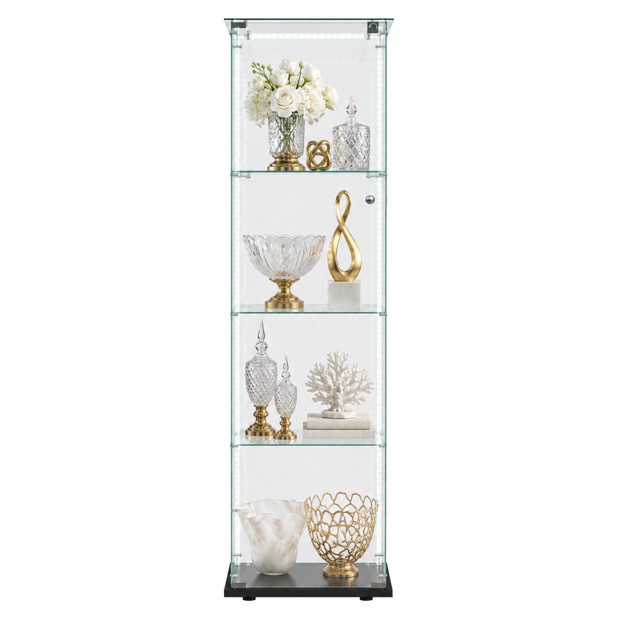 VITRINE mit RGB-Randbeleuchtung, 4-stufig & abschließbar, Schwarz - Schwarz, Glas (39.8/163/35cm) - Joyfair