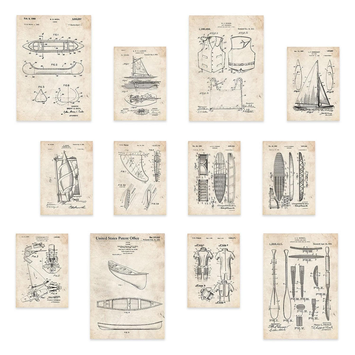 POSTER Set Mit 12 Boots- Und Surfen-Patentdrucke A3 Rahmenlos - Klar, Papier (29.7/5/42cm) - Nacnic