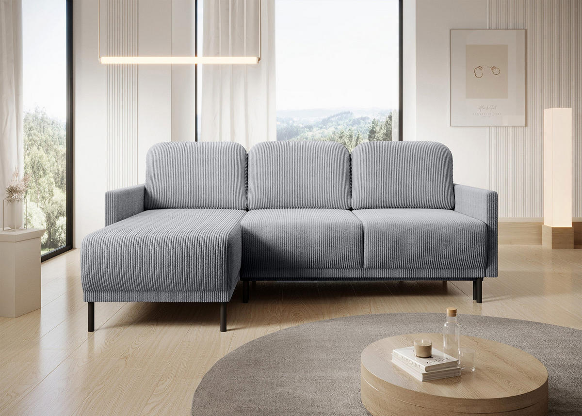 ECKSOFA Hamiel Hellgrau Cordbezug - Hellgrau/Schwarz, Holz/Textil (212/142cm) - Selsey