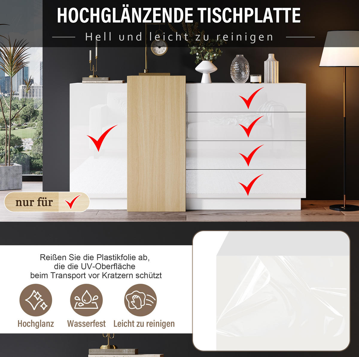 SIDEBOARD aus MDF 140x35x76,5 cm Weiß Hochglanz mit 4 Schubladen und Push-to-open - Weiß, Holzwerkstoff (140/76.5/35cm) - IVMEU