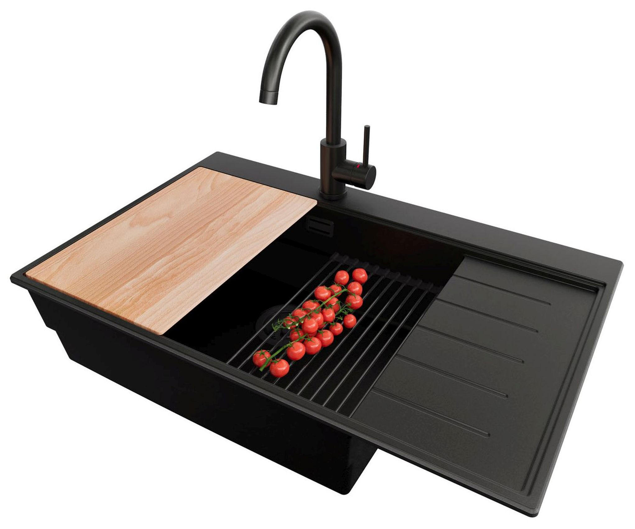 GRANITSPÜLE Sydney, 2-er set Alles Schwarz 78/50 cm 1 Becken + Küchenarmatur 32/20 cm + Ablauf-Set + Küchenzubehörset ab 60er Unterschrank - Beige/Schwarz, Kunststoff (78/20/50cm) - Primagran