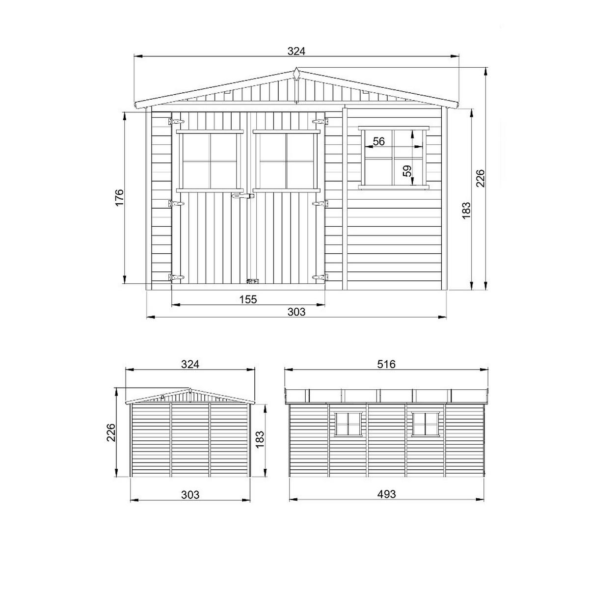 HOLZ-GARTENHAUS - H226x516x324 cm/15 m² - M337 - Beige, Holz (324/226/493cm) - Timbela
