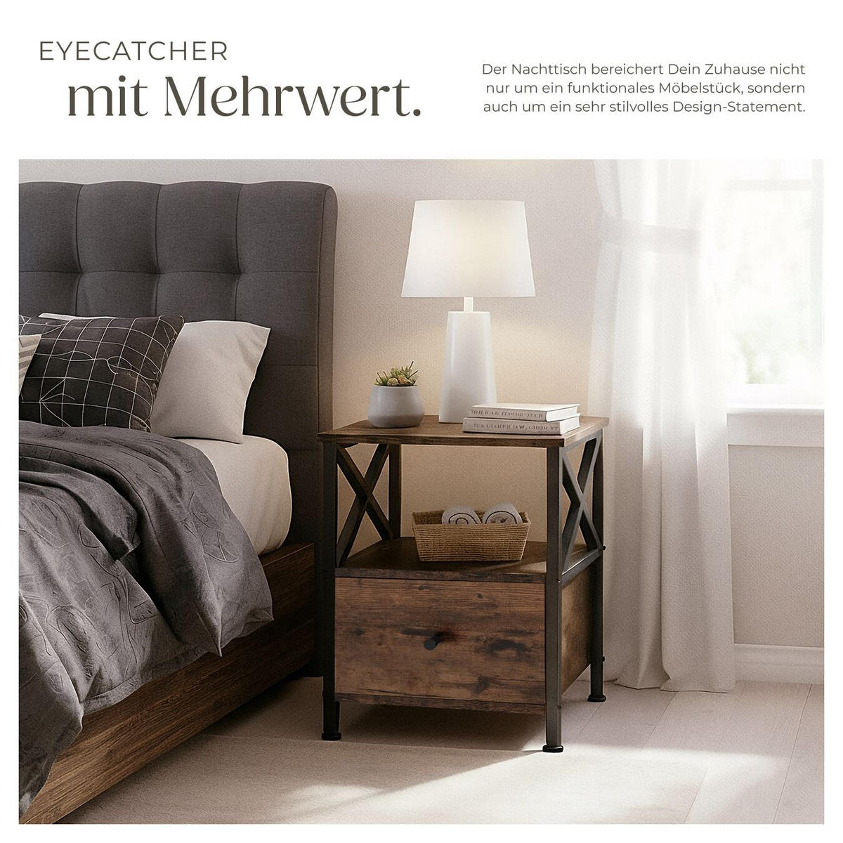 NACHTSCHRANK Falkirk, 40 x 41,5 x 55,5 cm, Industrial Holz dunkel, rustikal - Rostfarben, Holzwerkstoff (40/55.5/41.5cm) - tectake