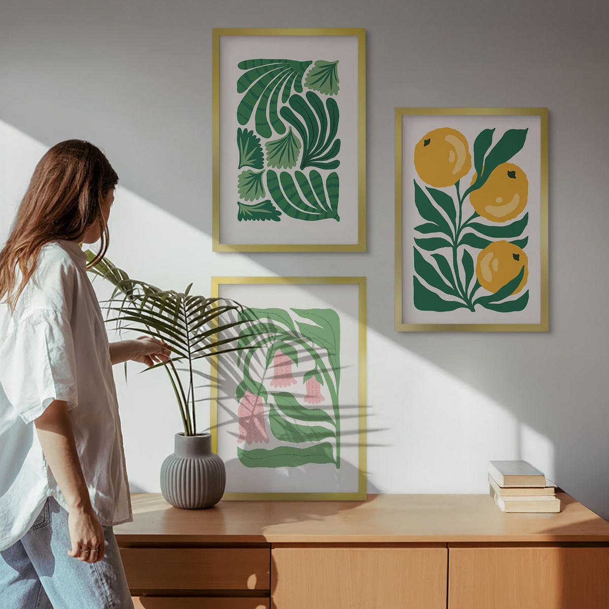 BILDER SET 3er Set - 40x60 cm Goldrahmen - Minimalistische Pflanzenmuster - Goldfarben, Kunststoff (40/60cm) - TULUP