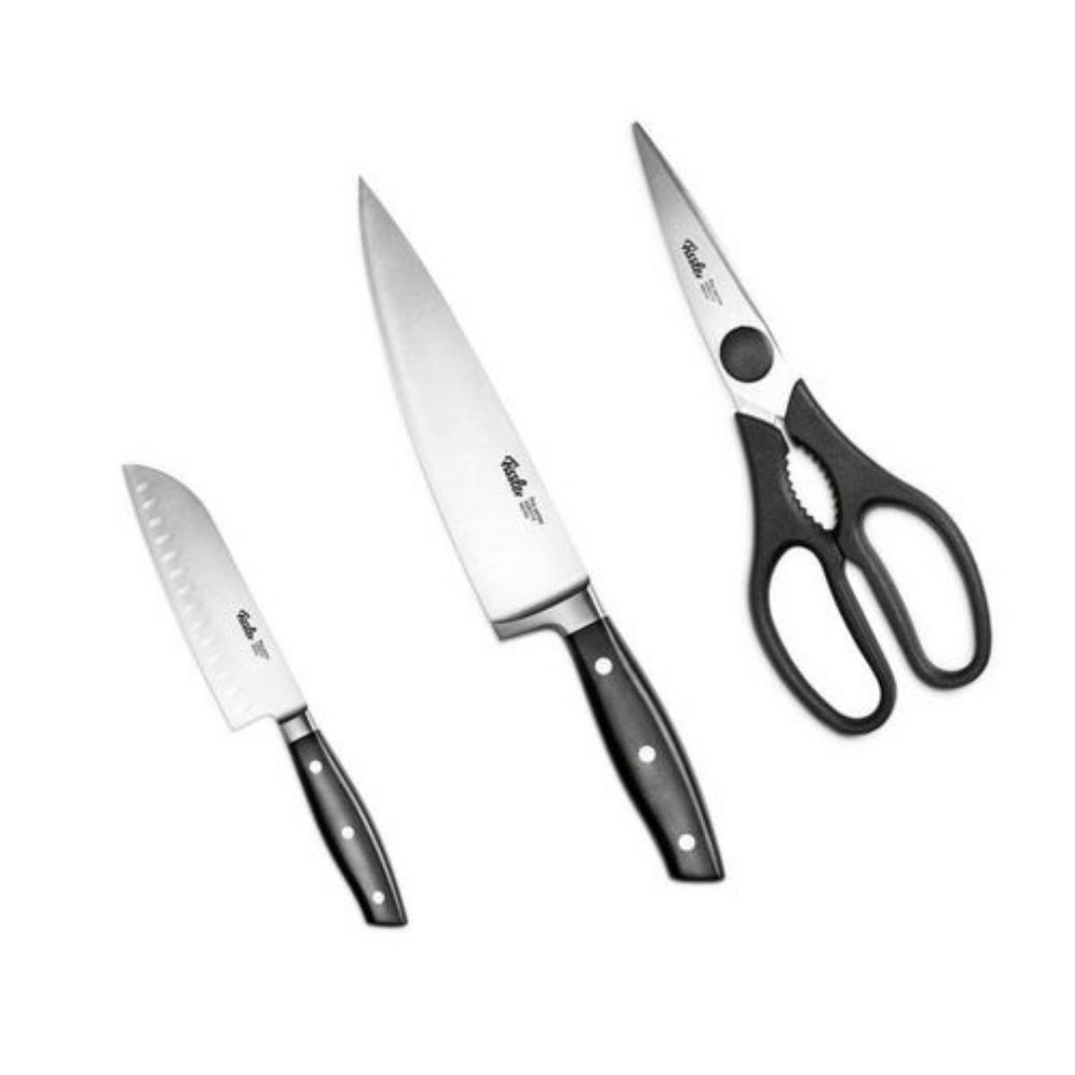 MESSERSET PROFI 3-tlg Santokumesser 16,5 cm Kochmesser 19 cm Küchenschere 20 cm Edelstahl Schwarz - Silberfarben/Schwarz, Kunststoff/Metall - Fissler