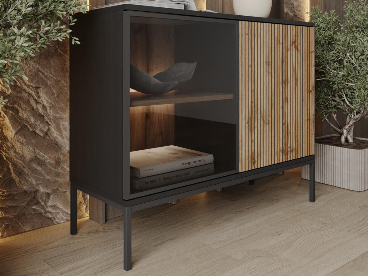 KOMMODE Graphit, Wotan Eichefraben 104/83/39 cm Deo - Eiche Wotan/Schwarz, Naturmaterialien/Glas (104/85/39cm) - Graingold