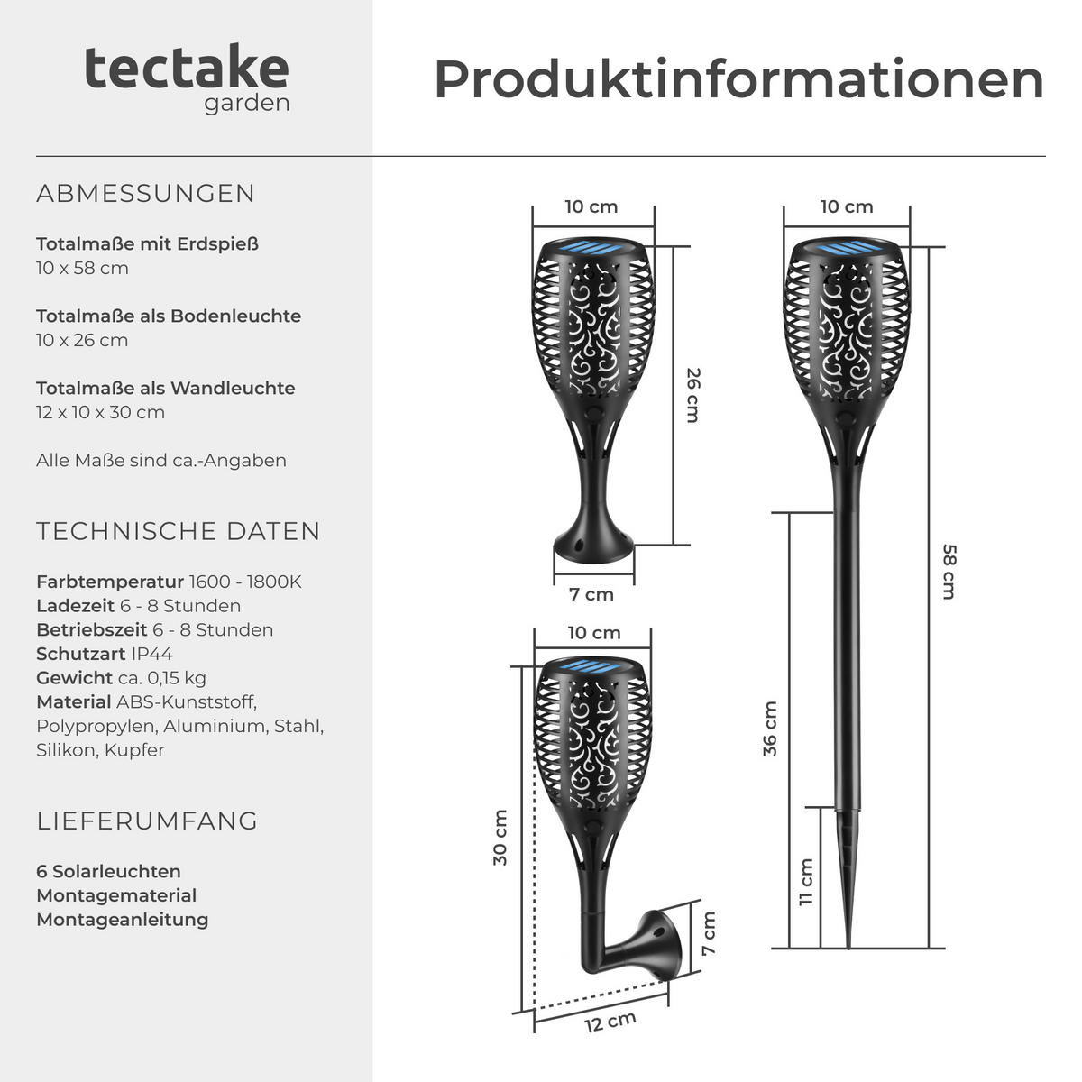 SOLARLEUCHTEN 6er Set Flare,6 - 8 Stunden Betriebszeit,schwarz - Schwarz, Kunststoff (10/10/58cm) - tectake