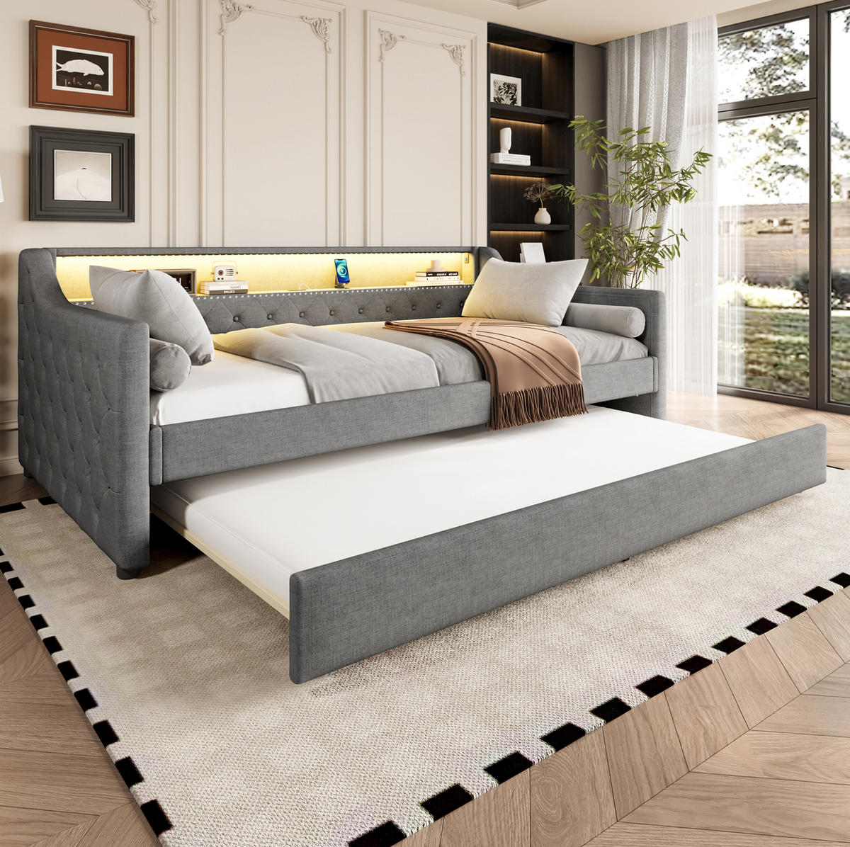POLSTERBETT 90/200 cm Grau mit LED-Beleuchtung und USB-Anschlüssen - Grau, Textil (90/200cm) - Flora Grace