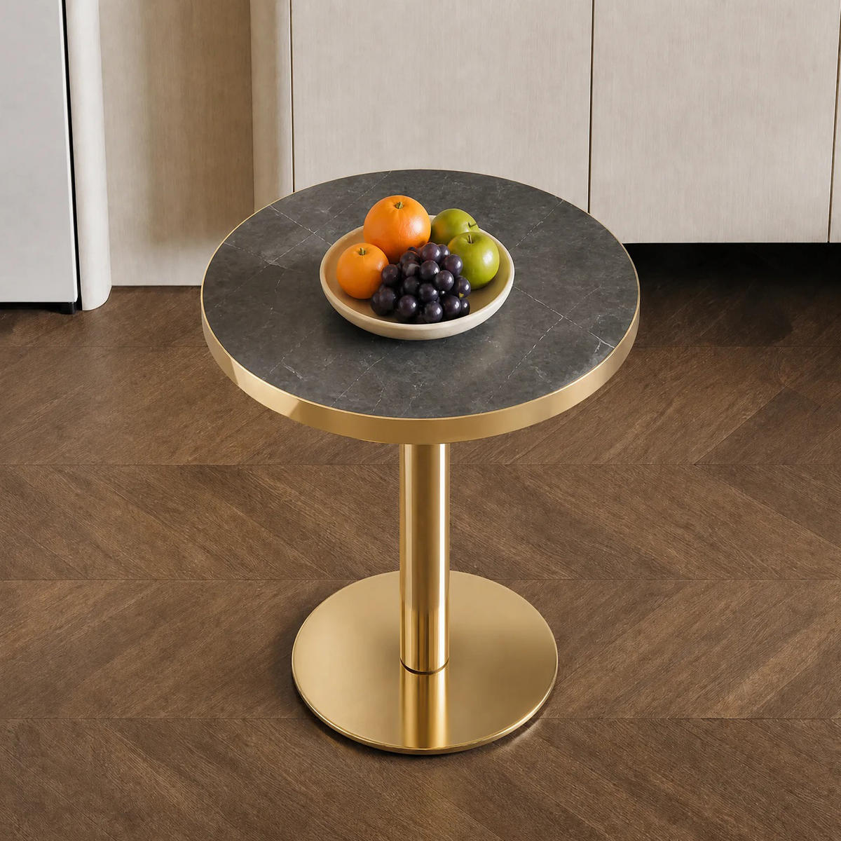 BEISTELLTISCH rund Grau/Gold Marmoroptik Edelstahlgestell - Goldfarben/Grau, Holzwerkstoff (60/60/73.3cm)