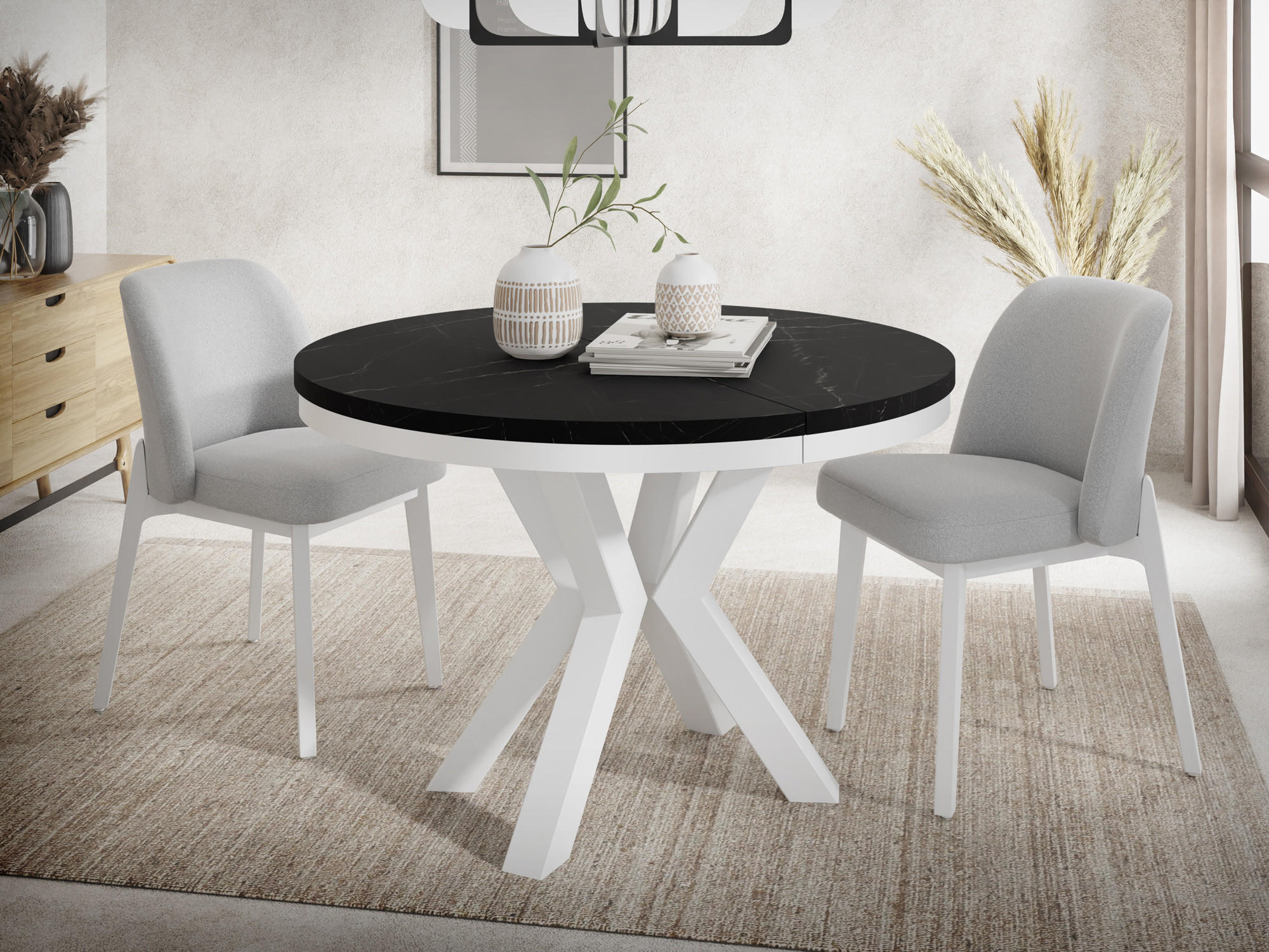 ESSTISCH Clara Weiß runder ausziehbarer, Marmor Schwarz 100-180/100/76 cm - Anthrazit/Weiß, Holzwerkstoff/Metall (100/100/76cm) - WFL GROUP