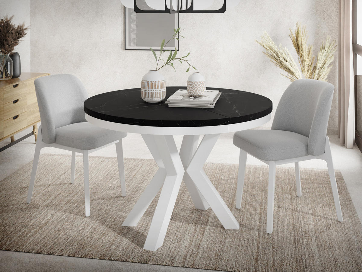 ESSTISCH Clara Weiß runder ausziehbarer, Marmor Schwarz 120-200/120/76 cm - Anthrazit/Weiß, Holzwerkstoff/Metall (120/120/76cm) - WFL GROUP