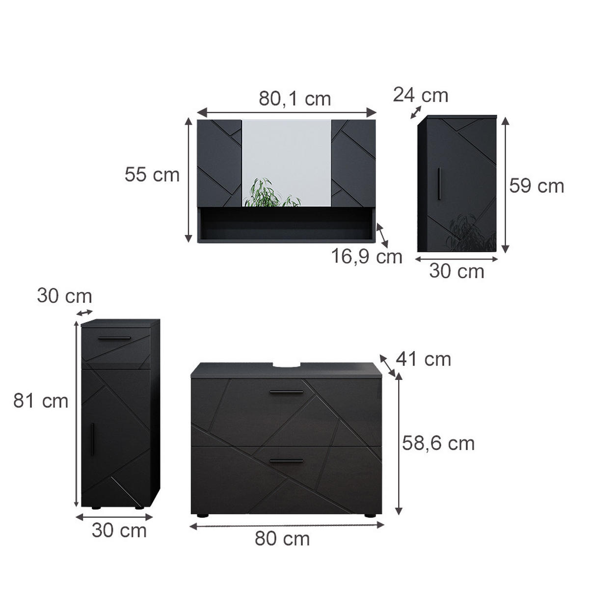 BADMÖBEL-SET Irma Anthrazit Hochglanz 4 Teile - Anthrazit, Holzwerkstoff (80/58.6/41cm) - Vicco