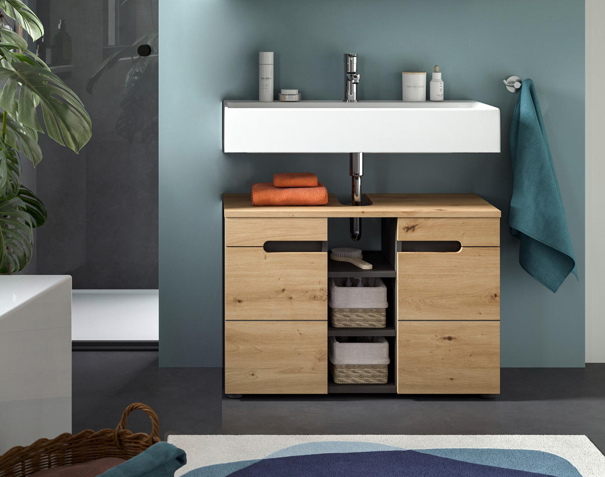 WASCHBECKENUNTERSCHRANK Canu Bad in Basalt grau Nb. und Artisan Nb. B/H/T: 80x55x34 cm - Grau, Holzwerkstoff (80/55/34cm)