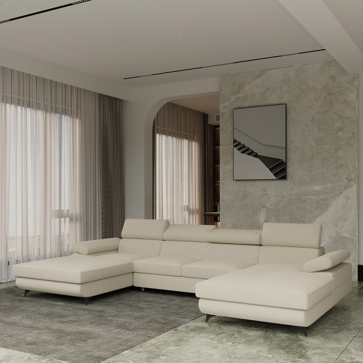 WOHNLANDSCHAFT DETTI Creme Boucle-Stoff mit Schlaffunktion - Creme, Holz (339/89/190cm) - MASSENO