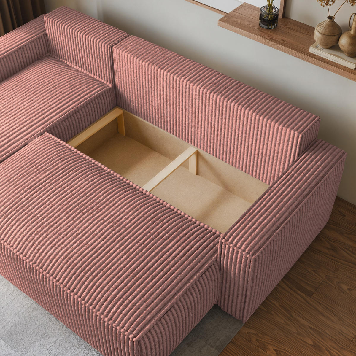 ECKSOFA RAVELO T Rosa Kordstoff mit Schlaffunktion - Rosa, Holz (240/140cm) - MASSENO