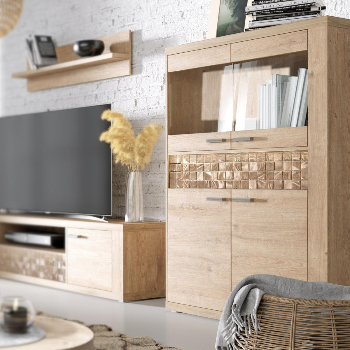 VITRINE BALESTRAND N5 Schublade Eiche - Eichefarben/Silberfarben, Glas/Holzwerkstoff (102/160/41cm) - Komodee