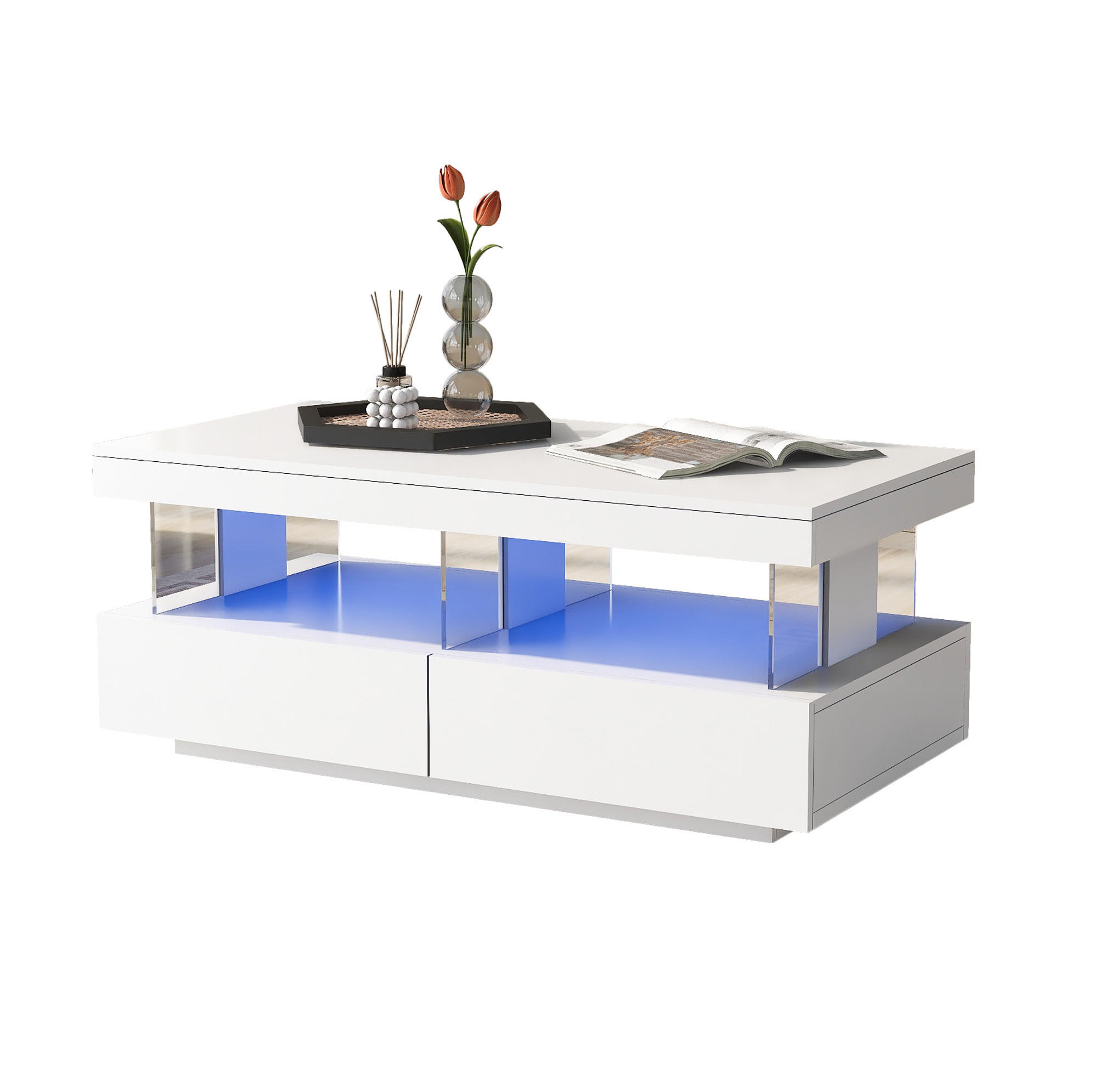 COUCHTISCH 100/60/49,5 cm mit LED-Beleuchtung, 2 Schubladen und Glaseinsätzen, Weiß - Weiß, Holzwerkstoff (100/60/49.5cm) - Redom