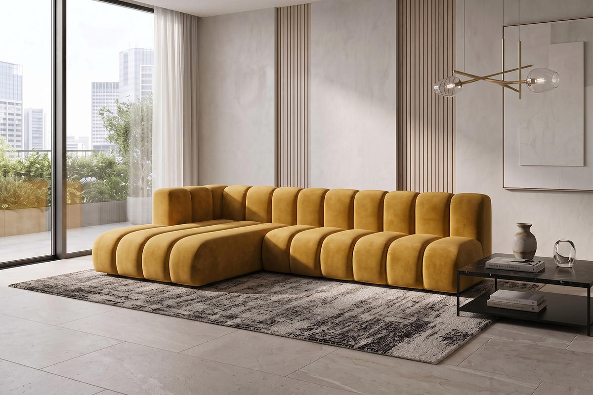 ECKSOFA Modulares In L-Form, Velvet-Stoff Riviera, Senffarbe, Links, GRAND 295 cm - Gelb, Holz (295/179cm) - Kaiser Möbel
