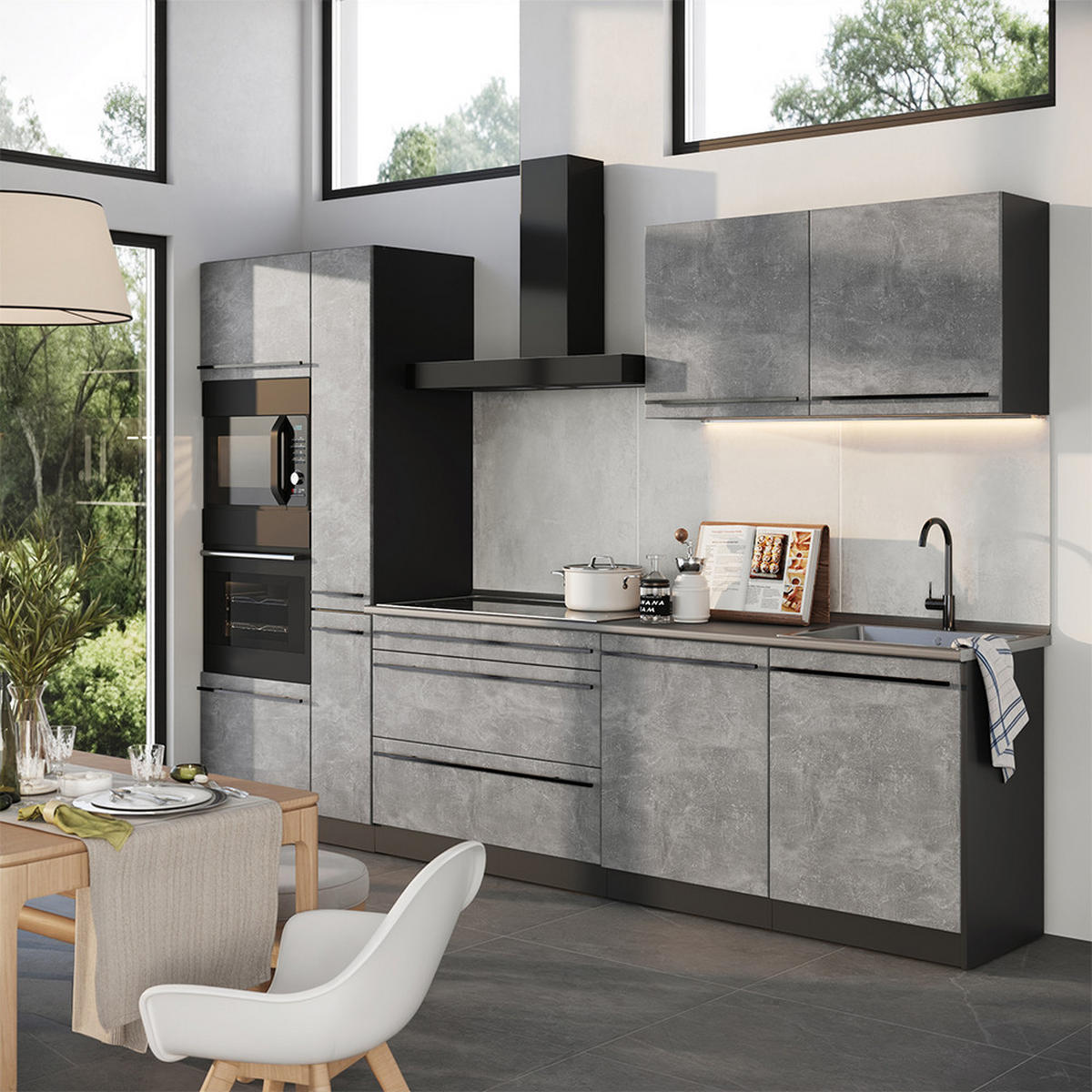KÜCHENZEILE R-Line, Beton/Anthrazit, 310 cm Arbeitsplatte Anthrazit - Anthrazit/Grau, Holzwerkstoff (310/206.8/60cm) - Vicco