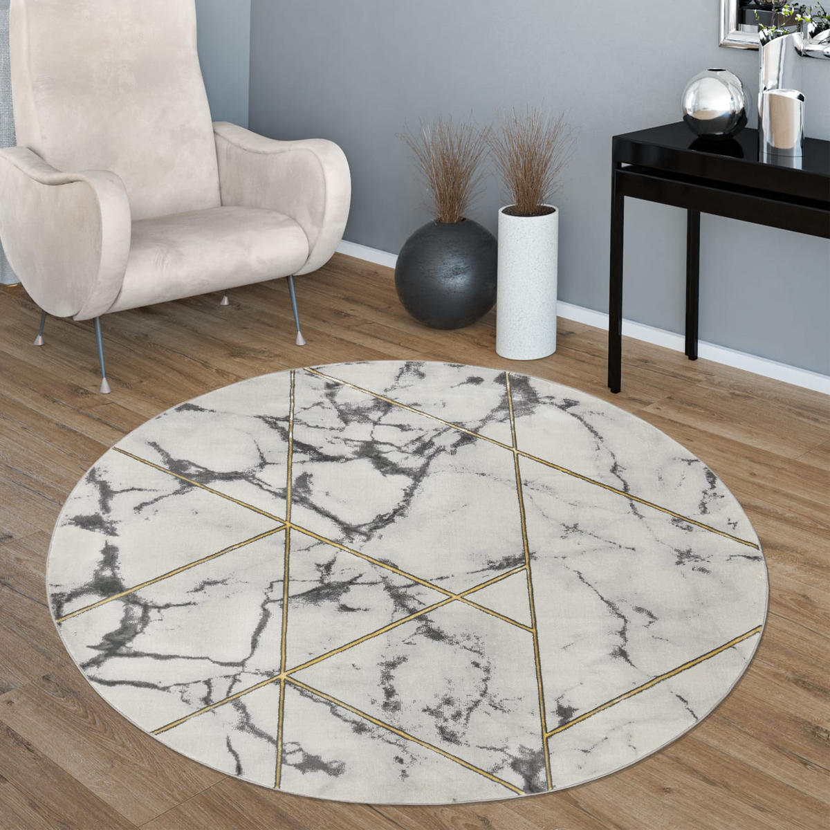 TEPPICH Kurzflor Marmoroptik Wohnzimmer schmutzabweisend Gold Rund 160D - Goldfarben, Textil (160/160cm) - KADIMA DESIGN