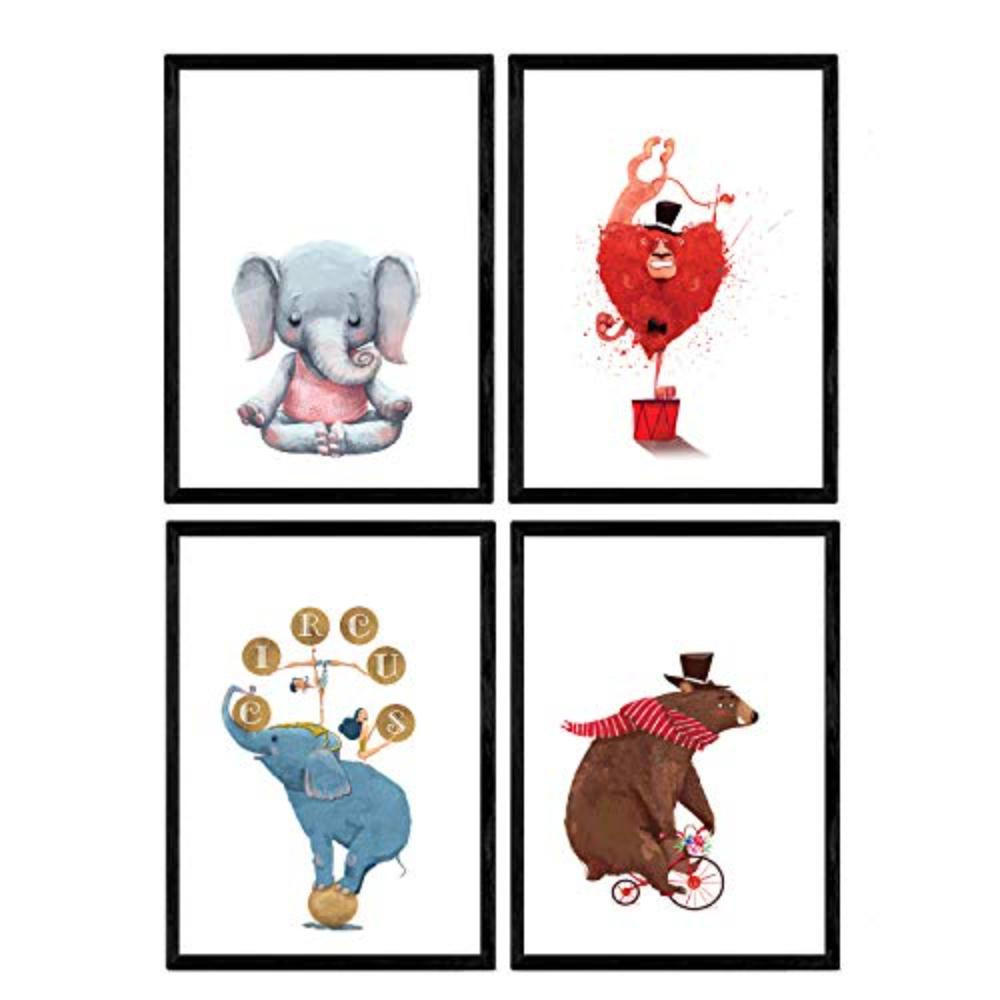 POSTER Set mit 4 Leon Acobata meditierend Bär Elefant Fahrrad und Zauberer A4 Schwarzer Rahmen - Schwarz, Papier (29.7/3cm) - Nacnic