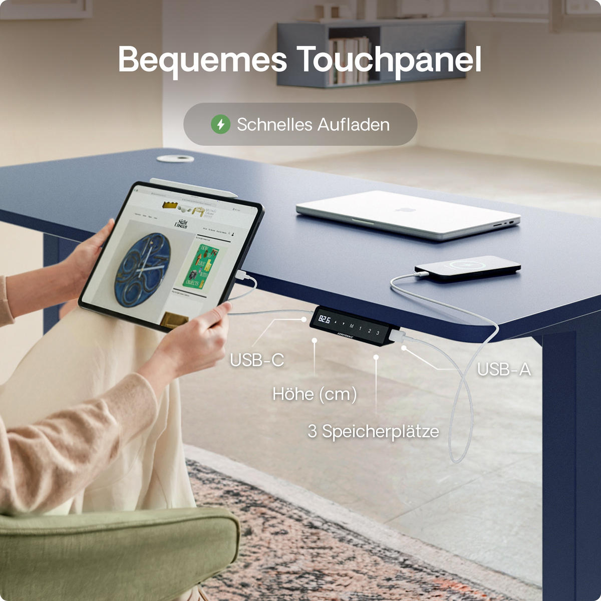 SCHREIBTISCH Elektrisch Höhenverstellbarer HomePro 120x60cm Blau/Weiß mit Memory-Funktion, Anti-Kollisions Technologie - Blau/Weiß, Holzwerkstoff (60/120/72cm) - Desktronic