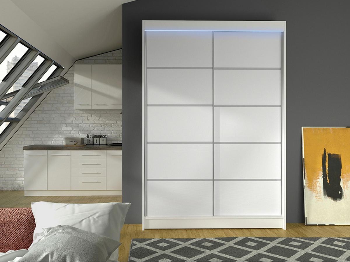 SCHWEBETÜRENSCHRANK Lino IV mit RGB LED Beleuchtung - Weiß, Holzwerkstoff/Metall (120/200/58cm) - MIRJAN24