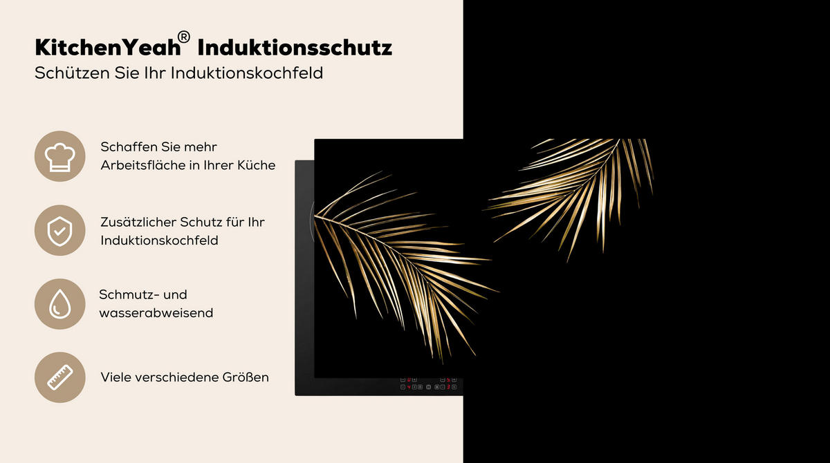 HERDABDECKPLATTE Blätter - Pflanzen - Gold - Schwarz - Luxus 75x52 cm - Goldfarben, Kunststoff (75/0.2/52cm) - MuchoWow