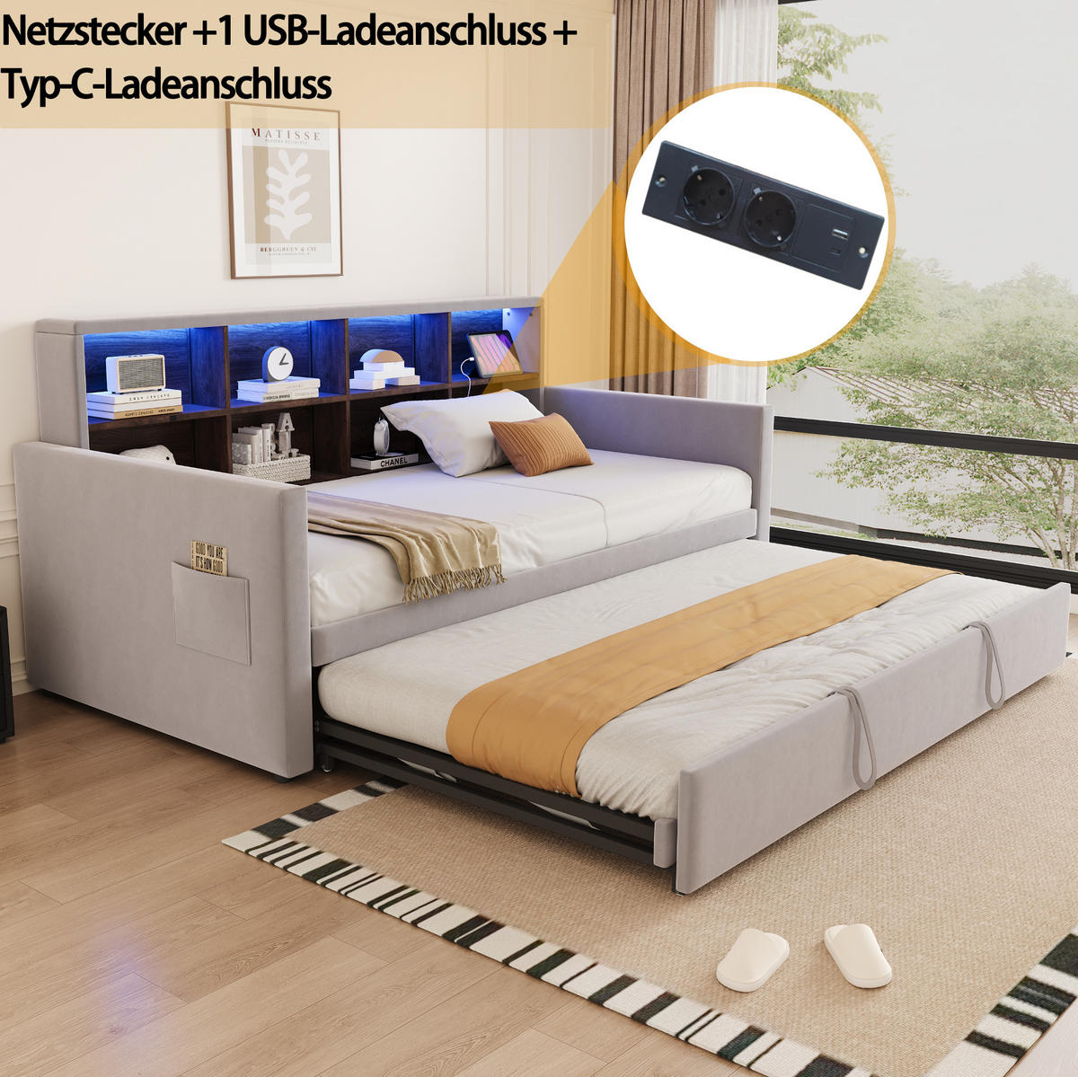SAMT-POLSTERBETT 90/190 cm mit LED-Beleuchtung und Stauraum in Hellgrau - Hellgrau, Textil (90/190cm) - BEAOK