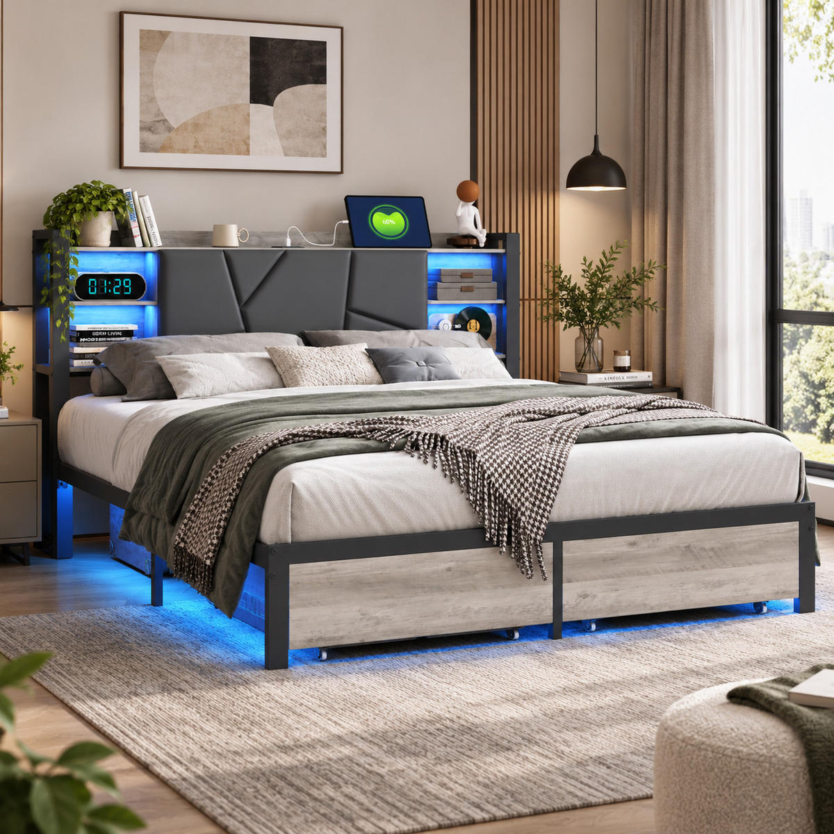 POLSTERBETT 140/200 cm mit LED & USB-Kopfteil und Schubladen, modernes Metallbett - Schwarz, Holz/Metall (140/200cm) - Joyfair