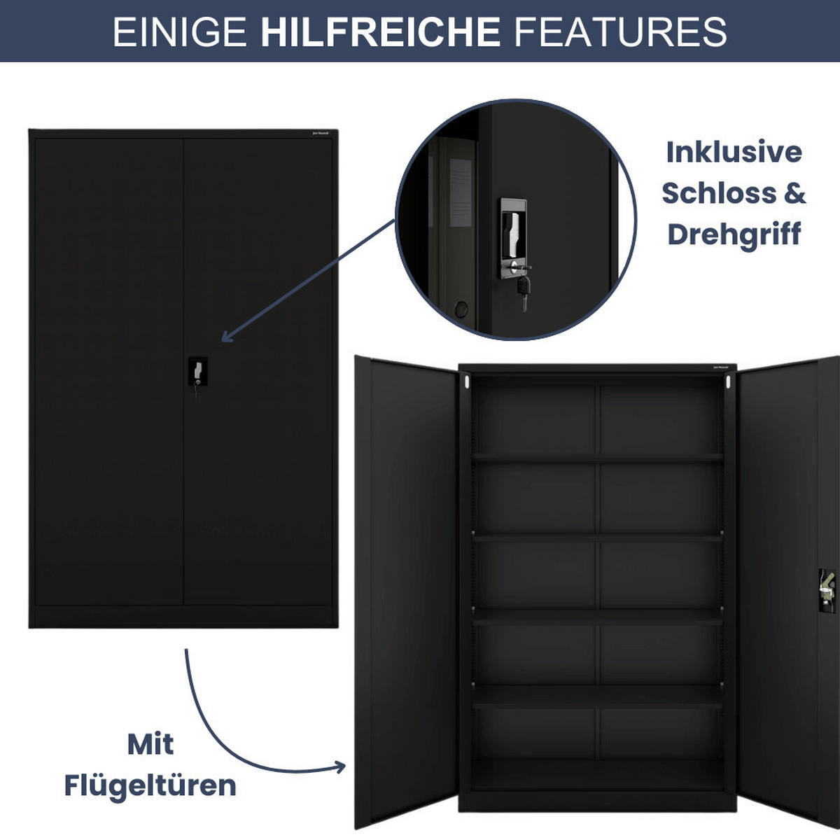 AKTENSCHRANK abschließbar KADO mit Flügeltüren 185x115x40cm Schwarz - Schwarz, Metall (115/185/40cm) - DELUKE