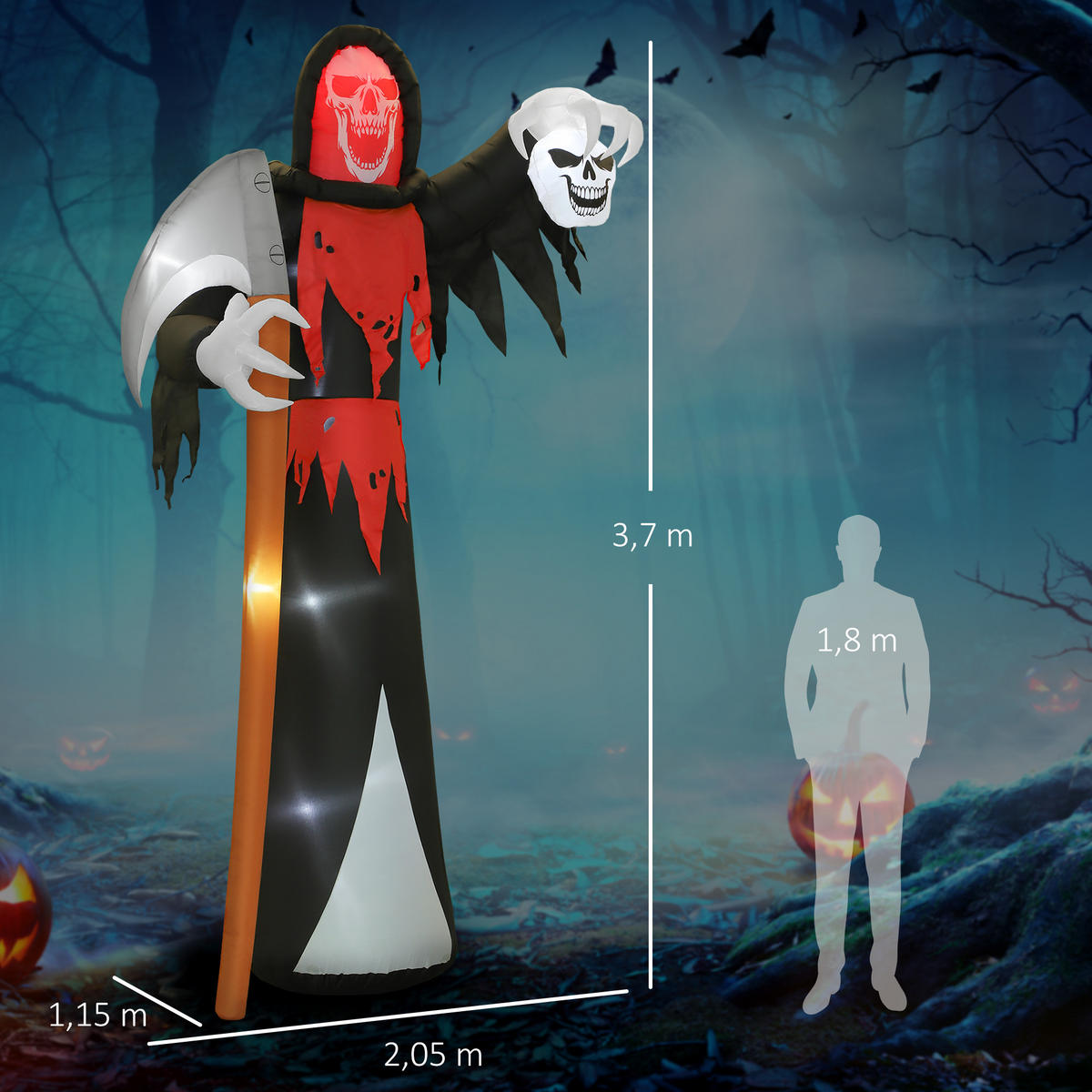 HALLOWEEN-DEKORATION 3,7 m riesiger Sensenmann mit LED-Beleuchtung für Outdoor - Schwarz, Textil (115/370/205cm) - Outsunny