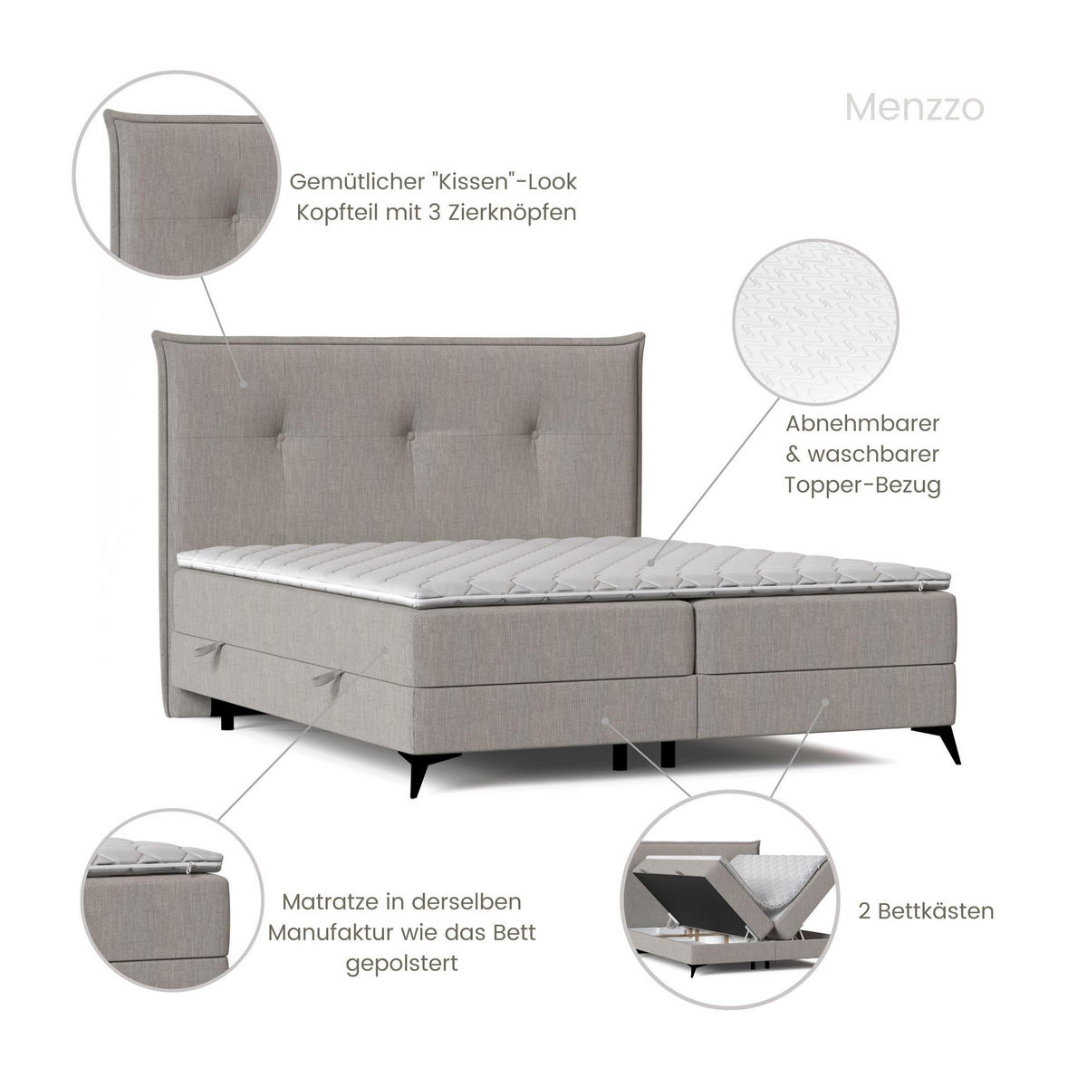 BOXBETT Menzzo Brown 200/200 cm mit Matratze und Topper - Schwarz/Braun, Holz/Holzwerkstoff (160/200cm) - Maison de Reve