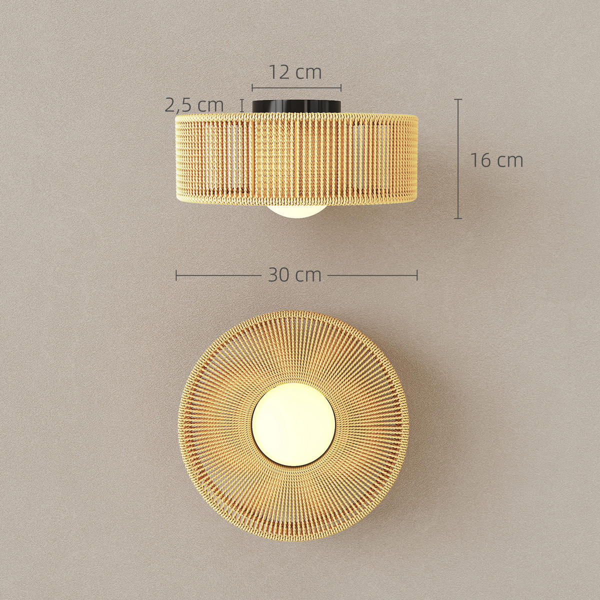 DECKENLEUCHTE, Boho-Deckenlampe Hängend mit G9 LED Fassung, Rund Hanfseil - Beige, Metall (30/30/16cm) - HOMCOM