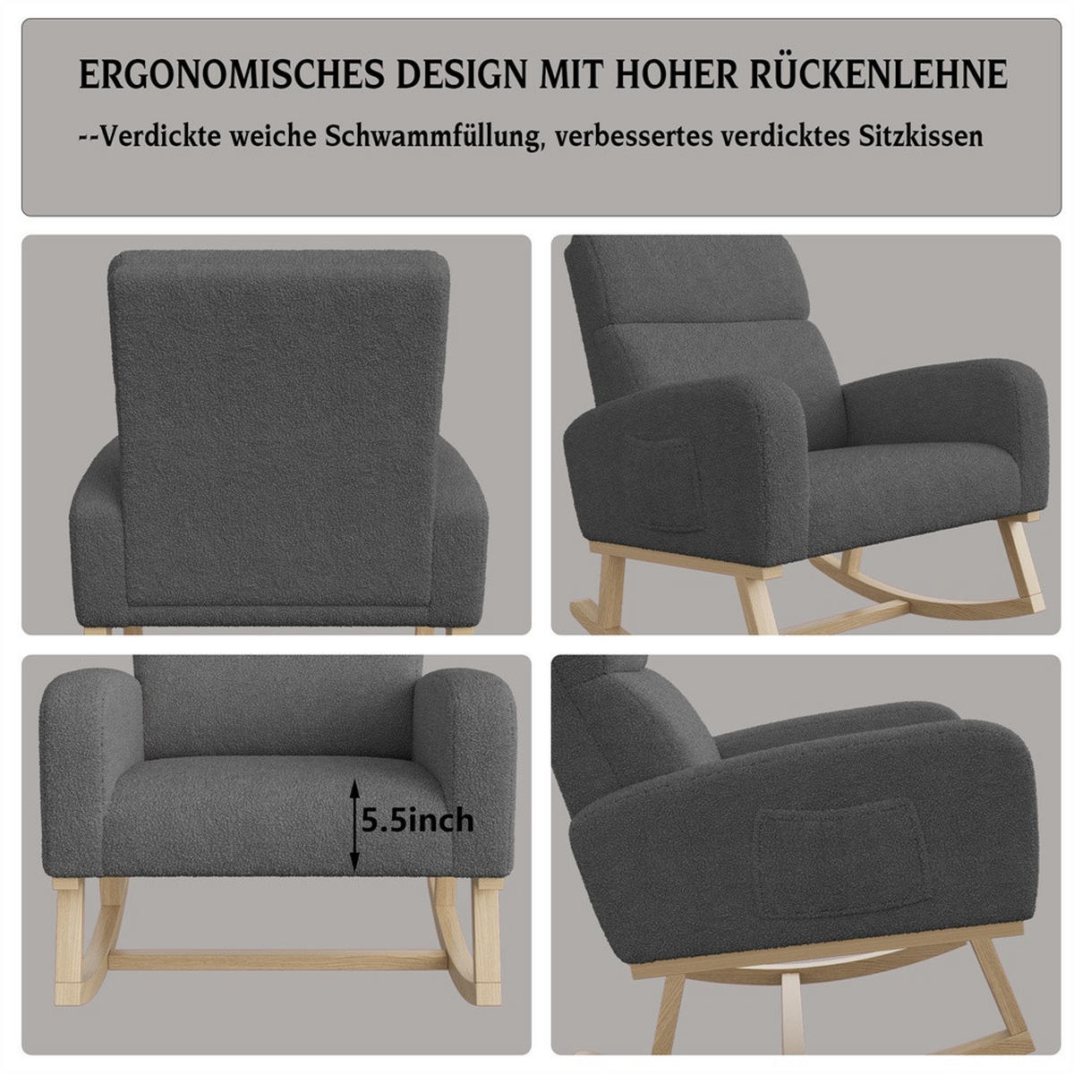 SCHAUKELSTUHL mit Armlehnen - Relaxsessel mit beidseitigen Taschen - Dunkelgrau - Dunkelgrau, Textil (69.2/87/78.5cm) - DELFA