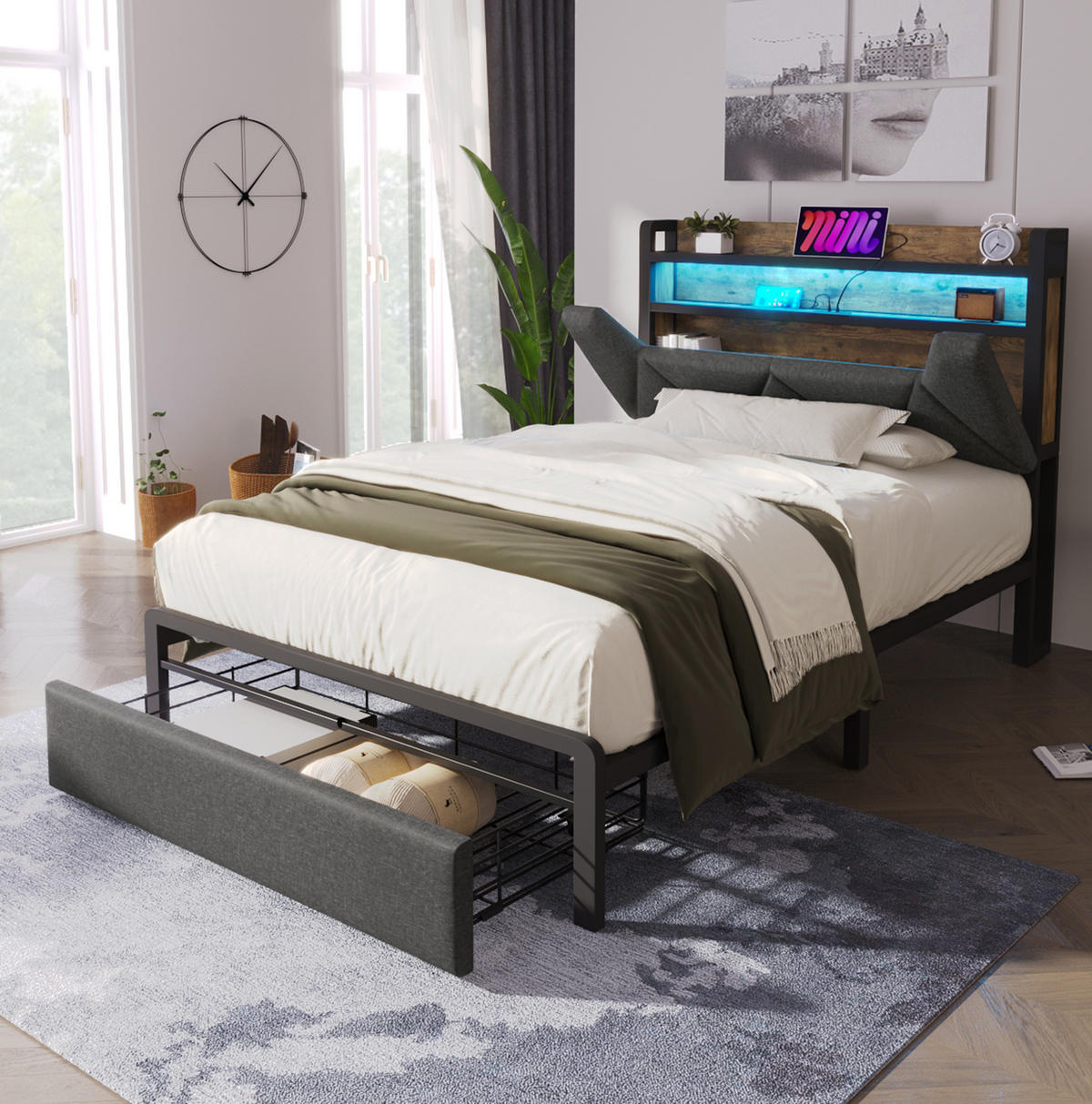TAPECIRANI krevet od lana 90x200 cm sivi s LED rasvjetom, USB/Type-C priključcima, uzglavljem za odlaganje i ladicom - siva, tekstil (90/200cm) - Modfu