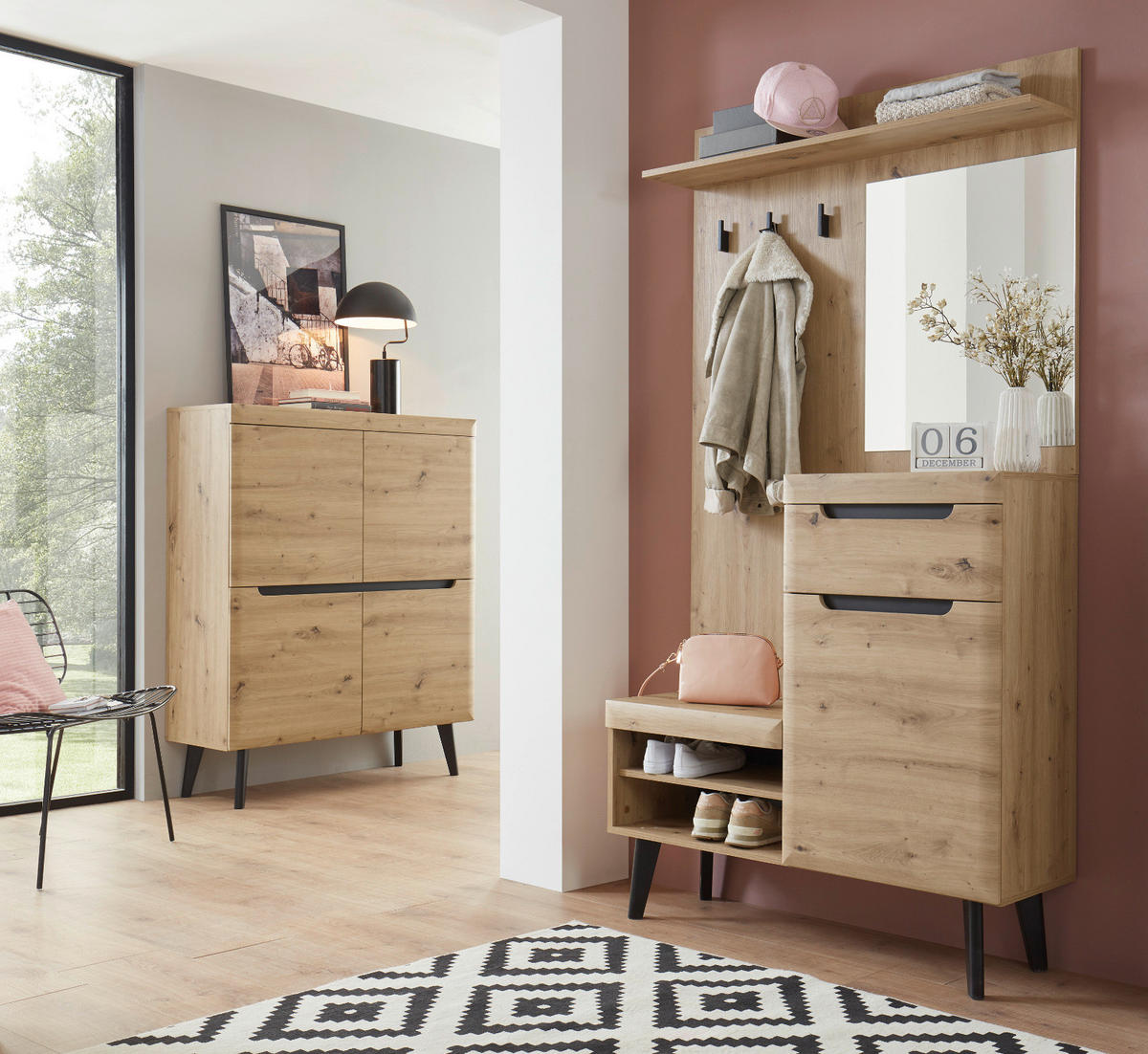 GARDEROBE Eiche Artisan, schwarz 110 cm, Kompaktgarderobe skandinavisch - Eichefarben/Schwarz, Holzwerkstoff/Metall (110/200/34cm) - Furn.Design
