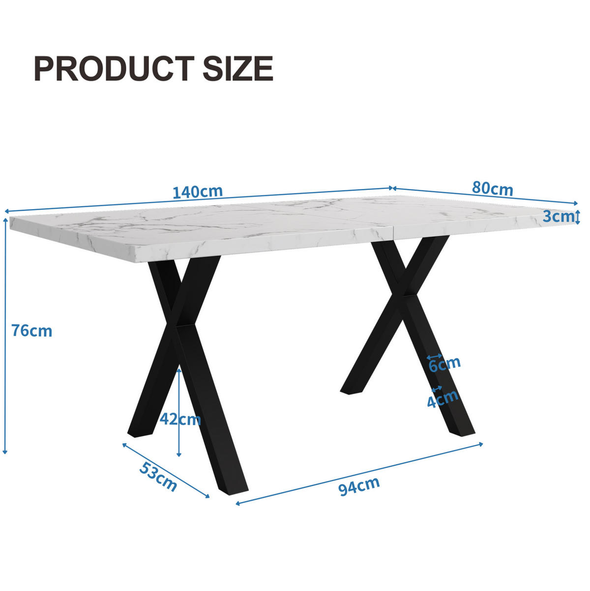 JÍDELNÍ stůl z MDF a oceli 140x80x76 cm bílý mramorový dekor a černá s křížovou podnoží a všestranným využitím - bílá, kompozitní dřevo (140/80/76cm) - Modfu
