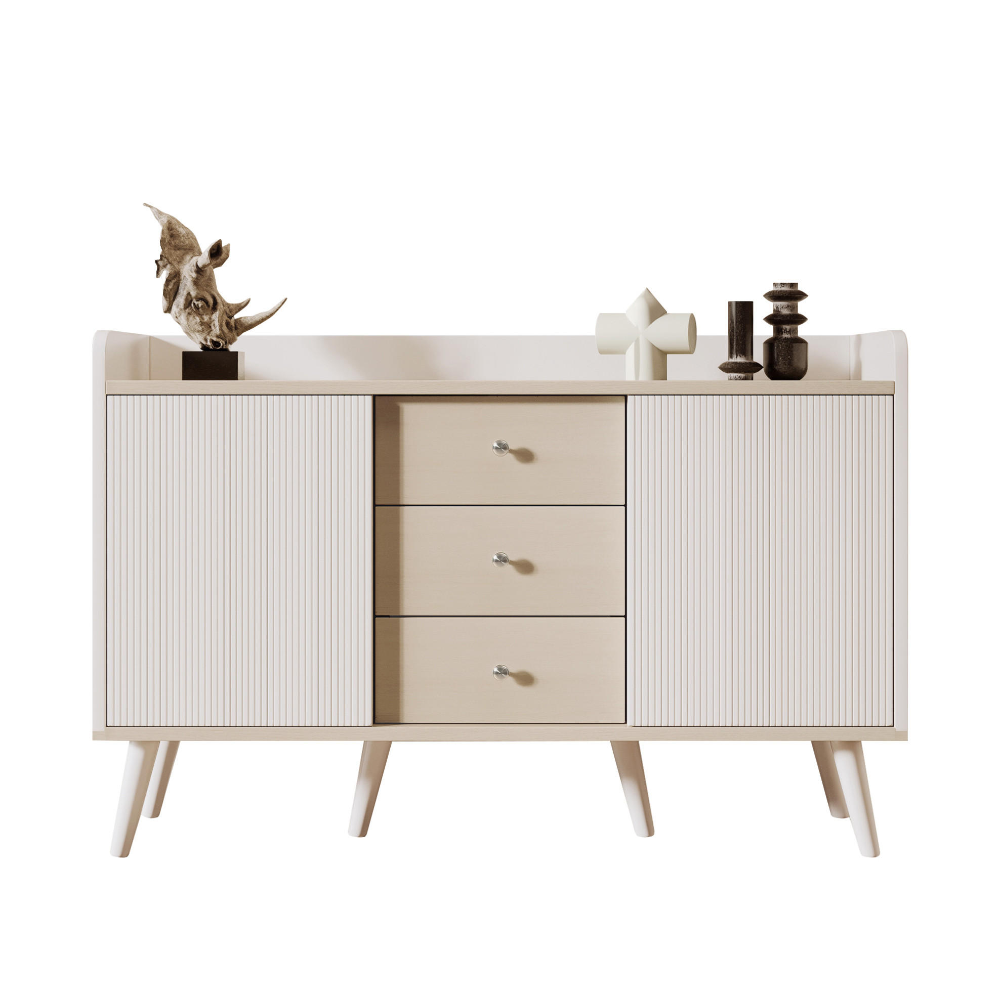 SIDEBOARD 117,5/39,5/79 cm mit 2 Schiebetüren & 3 Schubladen in Weiß/Holz - Weiß, Holzwerkstoff (117/80/70cm) - BEAOK
