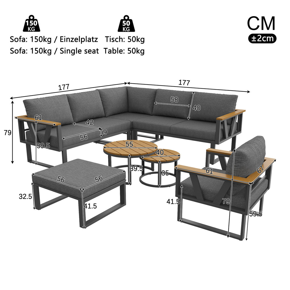 LOUNGESITZSET, 2er-Set, Verstellbare Füße, Metallbasis, Grau - Grau, Metall - FLIEKS