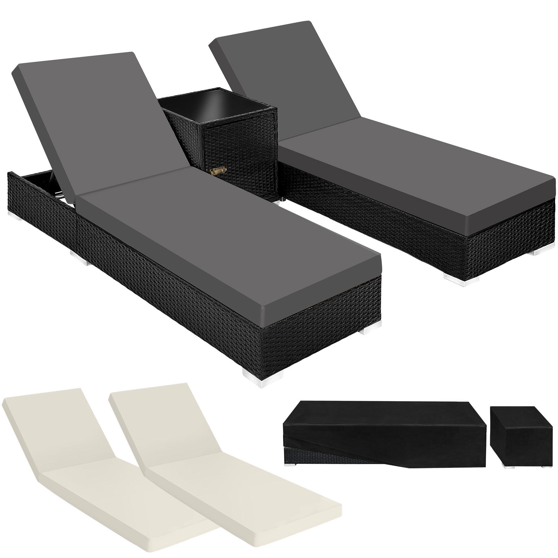 RATTAN-SONNENLIEGEN 2er Set ,wetterfest und UV-beständig,schwarz - Schwarz, Kunststoff (60/21/184cm) - tectake