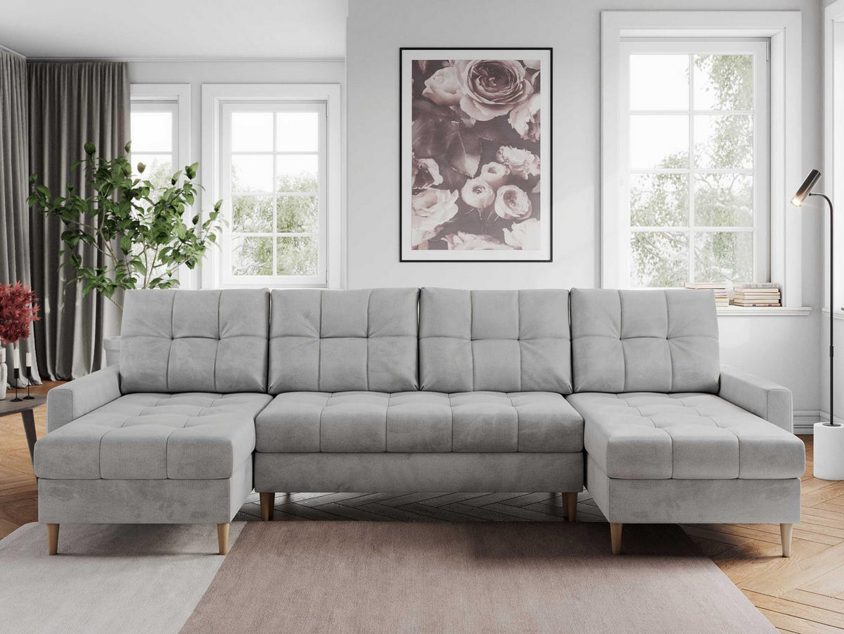 WOHNLANDSCHAFT Colin U Velvet Hellgrau - Hellgrau/Braun, Holz/Textil (290/75/140cm) - MKS