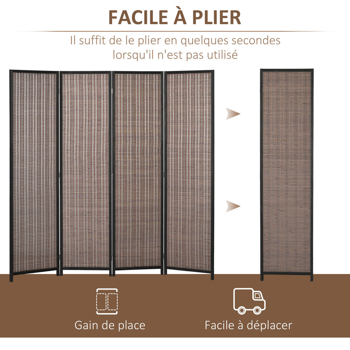 PARAVENT DE-14273 4-teilig, klappbar 180x180 cm Braun - Braun, Naturmaterialien (180/180/1.7cm) - ComfortXL