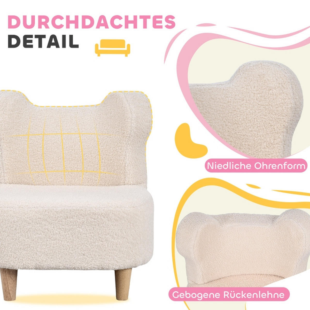KINDERSESSEL, Plüschsessel mit Bärenohren, Fleece-Bezug, Schaumstoff, Beige - Beige, Holz (43/53/47cm) - BursDany